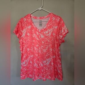 DANSKIN NOW Women's  Pink White Exercise Short Sleeved V Neck Tee